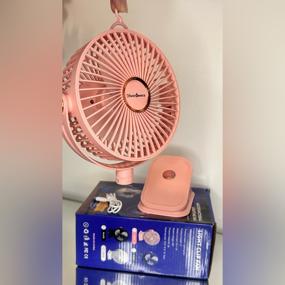 Portable Clip Fan With LED Light Rechargeable USB Stroller Fan Pink